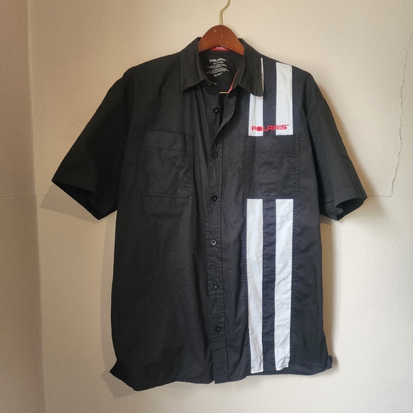 Polaris Black and White Casual Button Down Shirt with Racing Stripes - Picture 1 of 6